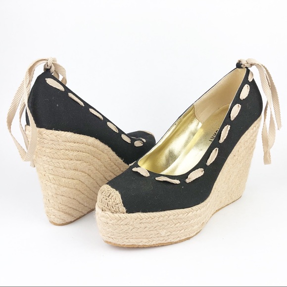 Colin Stuart Shoes - Colin Stuart Black Espadrille Lace Up Wedge, 8.5